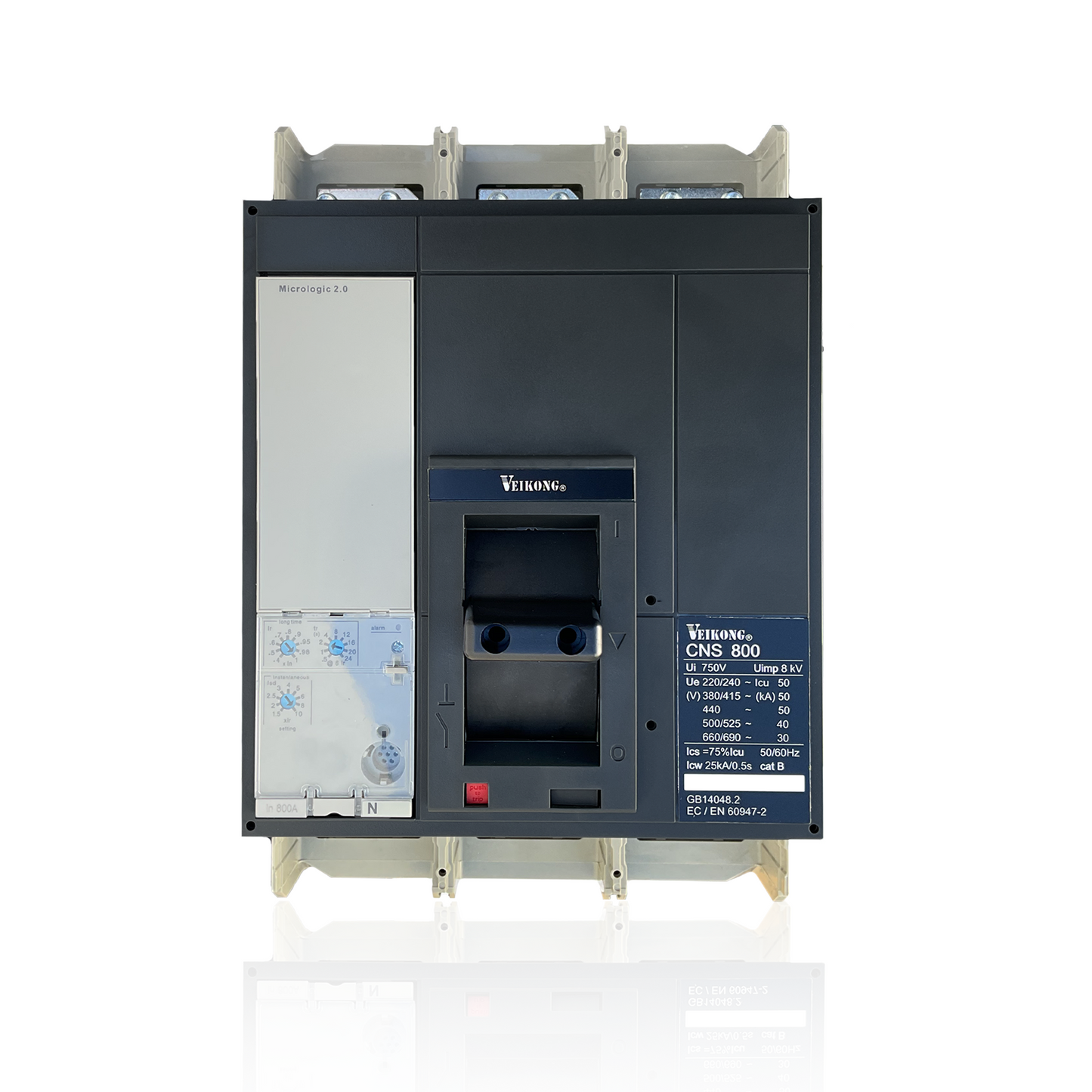 Interruptor termomagnético Marca Veikong con relevador electrónico 2, en caja moldeada, CNS800N, 3P , 50 KA a 440V, regulable 720-288 Amperes , aplicable para arrancador: VKS-8000-320-T4/400-T4