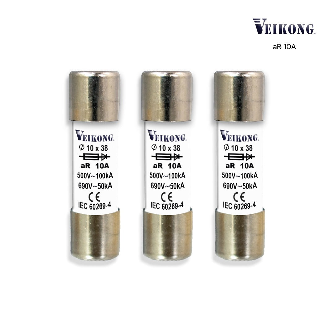Juego de 3 Fusibles de cartucho de ceramica Marca Veikong , Tamaño 10x38mm para seccionador: RT18-32 , Acción Rapida (aR), 500VAC, 10Amp, 100kA, para variador: VFD500M-R75GS2B VFD500M-R75GT2B ,VFD500M-R75GT4B,VFD500-R75GT4B