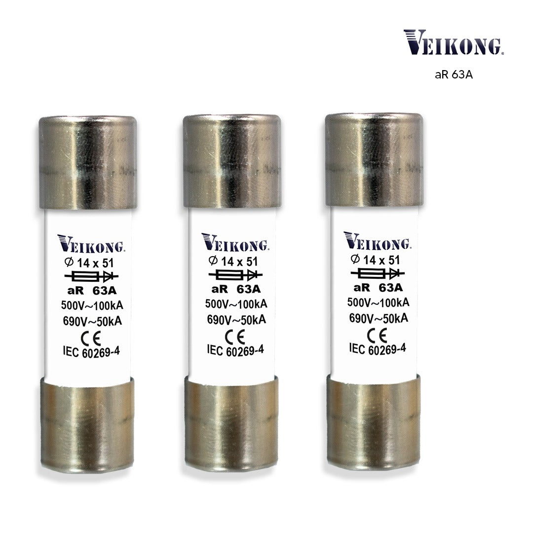Juego de 3 Fusibles de cartucho de ceramica Marca Veikong , para seccionador: RT18-63 , Tamaño 14x51mm , Acción Rapida (aR), 500VAC, 63Amp, 100kA, para variador: VFD500-015G/018PT4B VFD500-018G/022PT4B VFD500-7R5GT2B VFD500-7R5GS2B