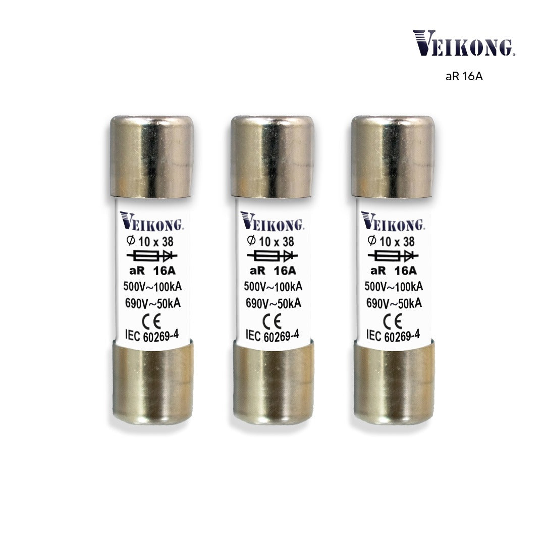 Juego de 3 Fusibles Marca Veikong cartucho cer. secc RT18-32, 10x38 mm, para seccionador RT18-32, acción rápida (aR), 500 VAC, 16 Amp, 100 kA, para variador: VFD500M-1R5GT4B, VFD500-1R5GT4B, VFD500-R75GT2B, VFD500-1R5GT2B, VFD500-R75GS2B, VFD500-1R5GS2B