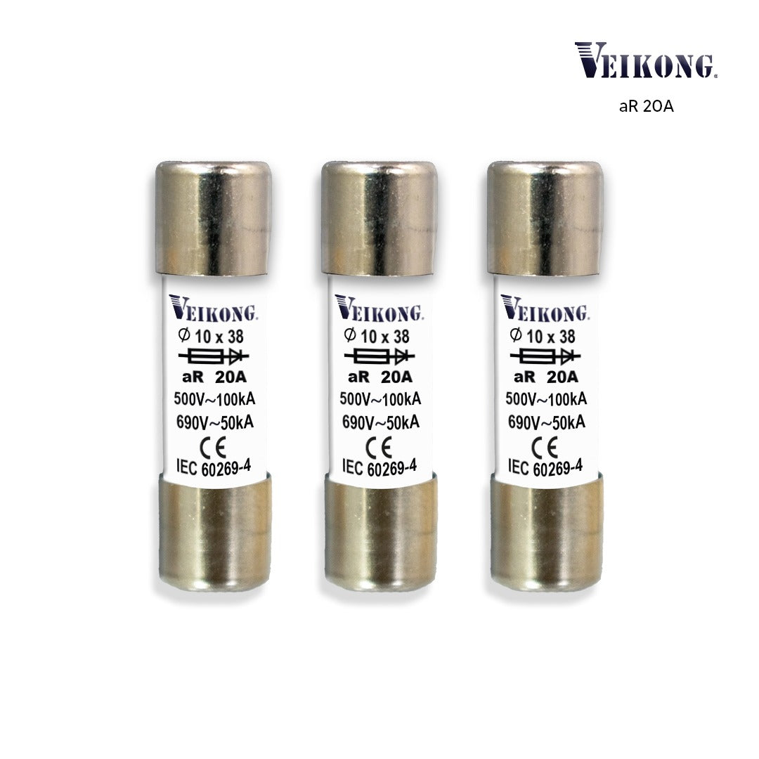 Juego de 3 Fusibles cartucho cerámica Marca Veikong, sec RT18-32, 10x38 mm, acción rápida (aR), 500 VAC, 20 Amp, 100 kA, para variador: VFD500M-1R5GS2B, VFD500M-1R5GT2B, VFD500M-2R2GT4B, VFD500M-4R0GT4B, VFD500-2R2GT4B, VFD500-4R0G/5R5PT4B, VFD500-2R2GS2B