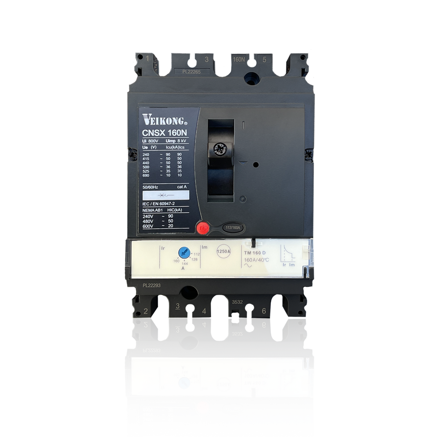 Interruptor termomagnético Marca Veikong, caja moldeada CNSX160N, 3P, 50 kA a 440 V, tipo TMD 160-112 A, aplicable para arrancador: VKS-8000-015/18/022/030/37/045/055/075-T4 y VKS-8000-7.5/11/015/018/22/030/037-T2.