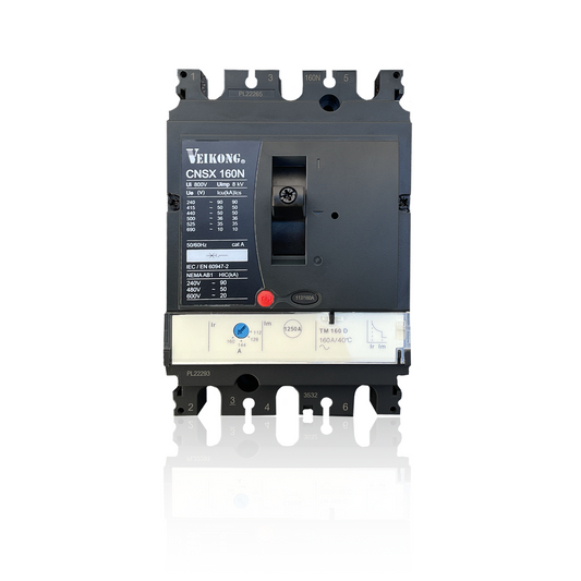 Interruptor termomagnético Marca Veikong, caja moldeada CNSX160N, 3P, 50 kA a 440 V, tipo TMD 160-112 A, aplicable para arrancador: VKS-8000-015/18/022/030/37/045/055/075-T4 y VKS-8000-7.5/11/015/018/22/030/037-T2.