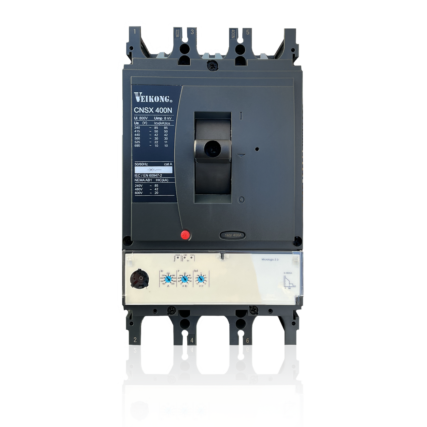 Interruptor termomagnético Marca Veikong  con relevador electrónico 2.3, en caja moldeada, CNSX400N, 3P , 42 KA a 440V, Tipo. TMD regulable 320- 160 Amperes  , aplicable para arrancador: VKS-8000-115-T4/132-T4, VKS-8000-055-T2/75-T2