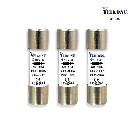 Juego de 3 Fusibles de cartucho de ceramica Marca Veikong , Tamaño 10x38mm para seccionador: RT18-32 , Acción Rapida (aR), 500VAC, 10Amp,  100kA, para variador: VFD500M-R75GS2B  VFD500M-R75GT2B  ,VFD500M-R75GT4B,VFD500-R75GT4B