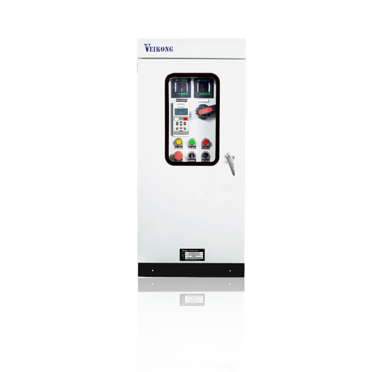 Arrancador Suave en Gabinete Marca Veikong VKS-8000-7.5-T4B Trifásico, 380-480 VAC, 10 HP. Incluye: interruptor principal con bypass, IP54, panel de control, botones e indicador digital, paro de emergencia, desconectador en puerta y apartarrayos.