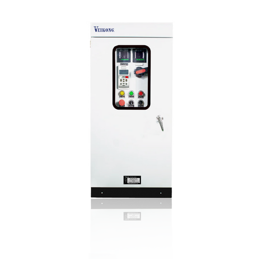 Arrancador Suave en Gabinete Marca Veikong VKS-8000-110-T4B Trifásico, 380-480 VAC, 150 HP. Incluye: interruptor principal con bypass, IP54, panel de control, botones e indicador digital, paro de emergencia, desconectador en puerta y apartarrayos.