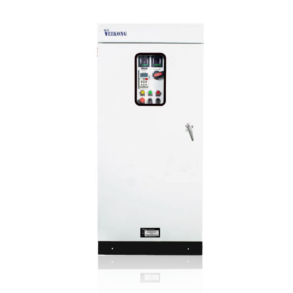 Arrancador Suave en Gabinete Marca Veikong VKS-8000-160-T4B Trifásico, 380-480 VAC, 200 HP. Incluye: interruptor principal con bypass, IP54, panel de control, botones e indicador digital, paro de emergencia, desconectador en puerta y apartarrayos.