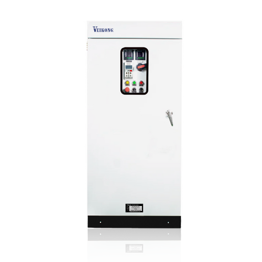 Arrancador Suave en Gabinete Marca Veikong VKS-8000-160-T4B Trifásico, 380-480 VAC, 200 HP. Incluye: interruptor principal con bypass, IP54, panel de control, botones e indicador digital, paro de emergencia, desconectador en puerta y apartarrayos.