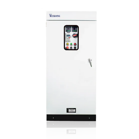 Arrancador Suave en Gabinete Marca Veikong VKS-8000-185-T4B Trifásico, 380-480 VAC, 250 HP. Incluye: interruptor principal con bypass, IP54, panel de control, botones e indicador digital, paro de emergencia, desconectador en puerta y apartarrayos.