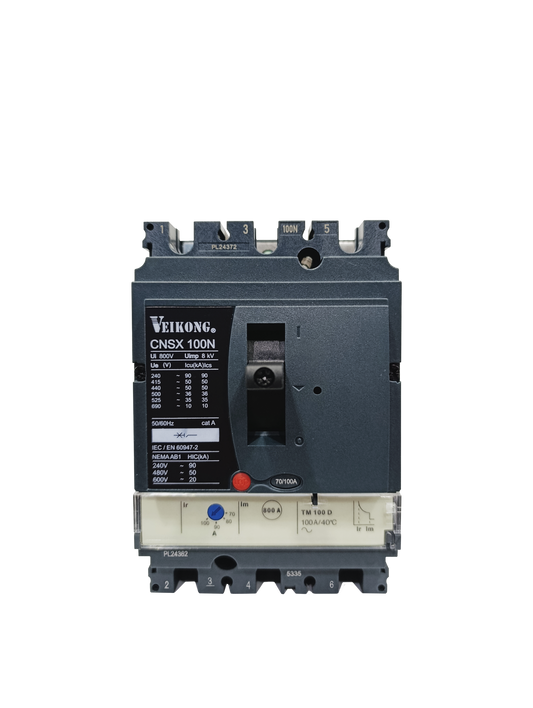 Interruptor termomagnético Marca Veikong con relevador electrónico 2.0, en caja moldeada, CNSX100N, 3P , 50 KA a 440V, regulable 70-100  Amperes  , aplicable para arrancador: VKS-8000-018-T2/037-T4/022-T2/045-T4