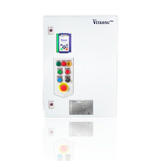 VEIKONG PRO DRIVE Marca Veikong 30 HP VFD500P-022G/030PT4B-GB, 480 VAC, 45 AMP, gabinete metálico incluye: seccionador-portafusibles, fusibles aR, estación botones arranque/paro, reset, emergencia, piloto y accesorios.