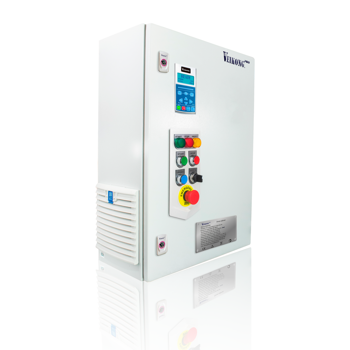 Arrancador Suave en Gabinete Marca Veikong VKS-8000-022-T4PRO Trifásico, 380 - 480 VAC, 30 hp.  Incluye: Interruptor termomagnético, panel de control, botones, paro de emergencia, y supresor de sobrevoltaje