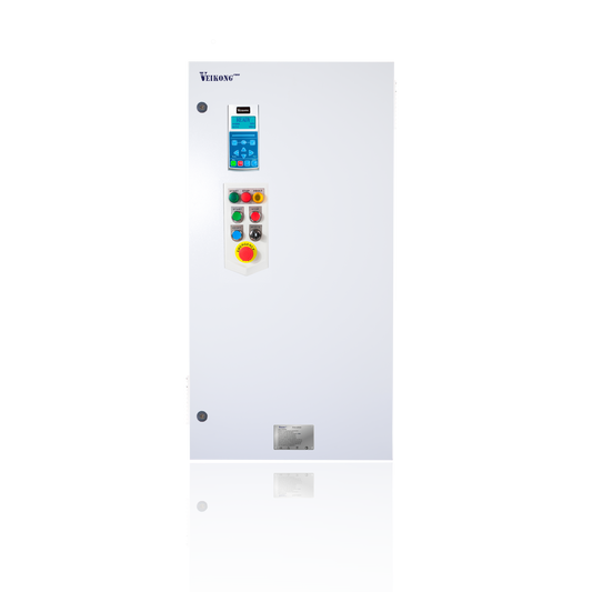 Arrancador Suave en Gabinete Marca Veikong  VKS-8000-055-T4PRO Trifásico, 380 - 480 VAC, 75 hp.  Incluye: Interruptor termomagnético, panel de control, botones e indicador digital, paro de emergencia, y supresor de sobrevoltaje