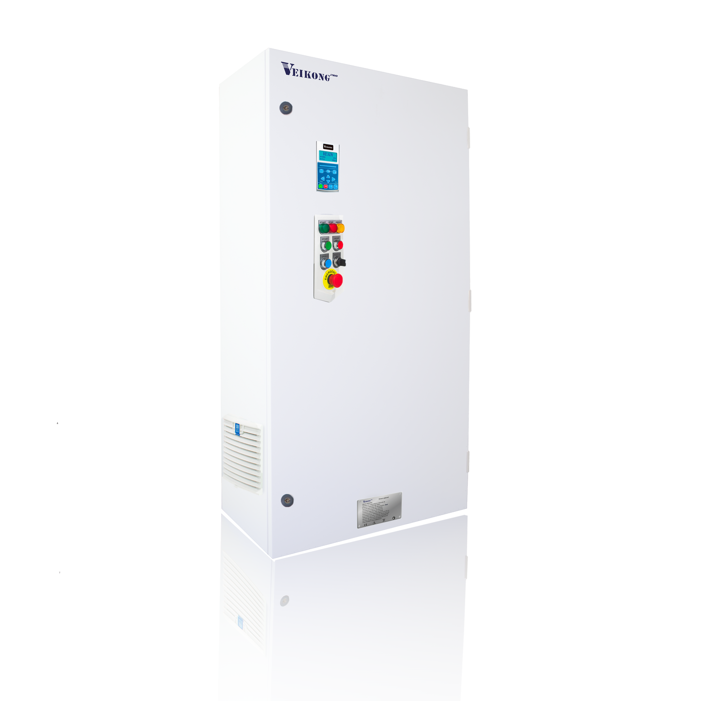 Arrancador Suave en Gabinete Marca Veikong  VKS-8000-055-T4PRO Trifásico, 380 - 480 VAC, 75 hp.  Incluye: Interruptor termomagnético, panel de control, botones e indicador digital, paro de emergencia, y supresor de sobrevoltaje