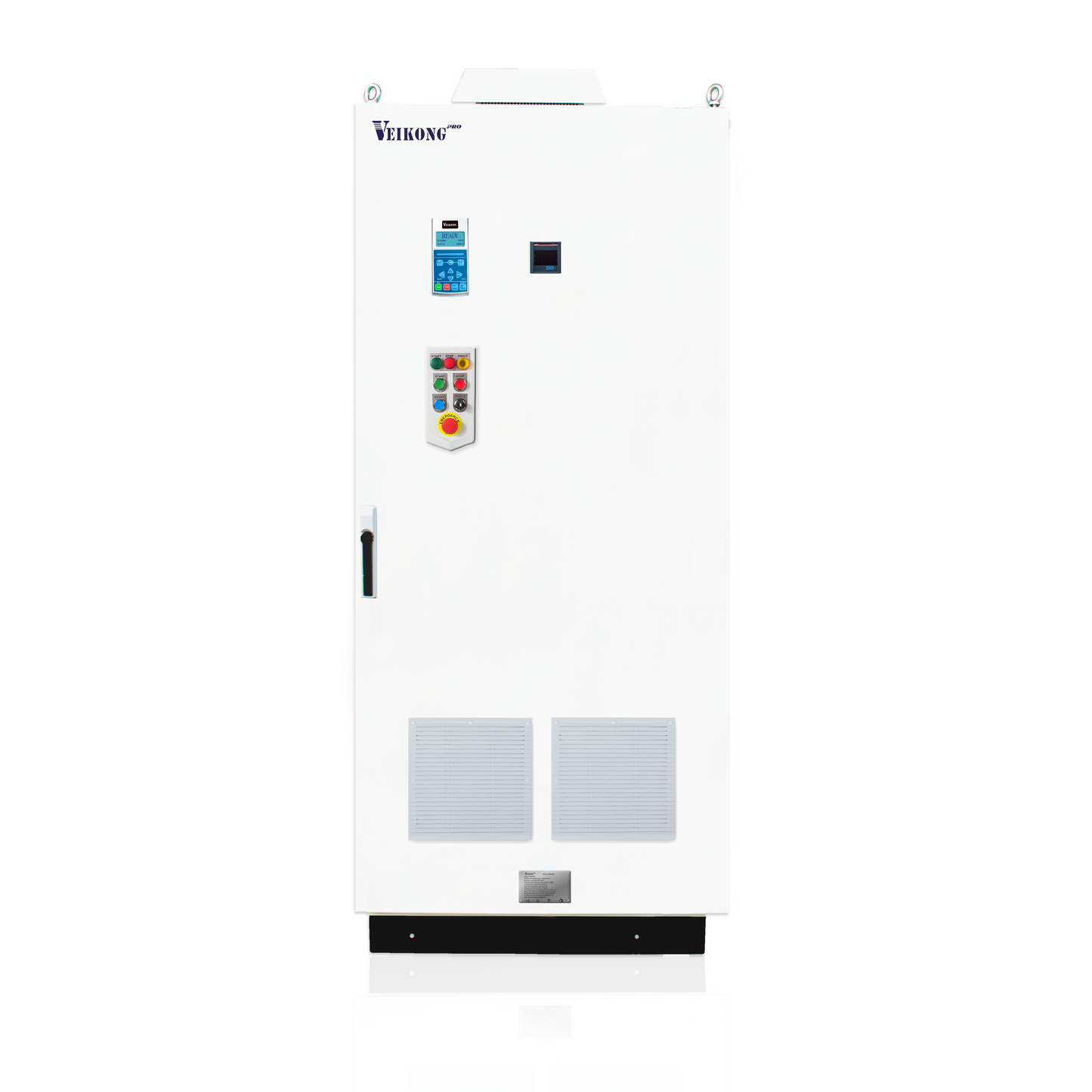 Arrancador Suave en Gabinete Marca Veikong  VKS-8000-220-T4PRO Trifásico, 380 - 480 VAC, 300 hp.  Incluye: Interruptor termomagnético, panel de control, botones e indicador digital, paro de emergencia, y supresor de sobrevoltaje
