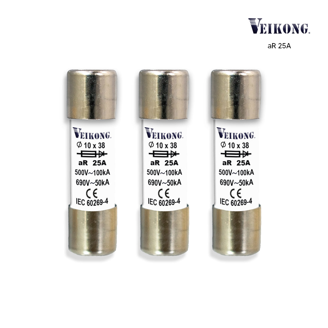 Juego de 3 fusibles cartucho cerámica Marca Veikong para seccionador RT18-32, 10x38 mm, acción rápida (aR), 500 VAC, 25 Amp, 100 kA, para variador: VFD500M-2R2GS2B, VFD500M-2R2GT2B, VFD500M-5R5GT4B, VFD500-5R5G/7R5PT4B, VFD500-4R0GT2B, VFD500-4R0GS2B