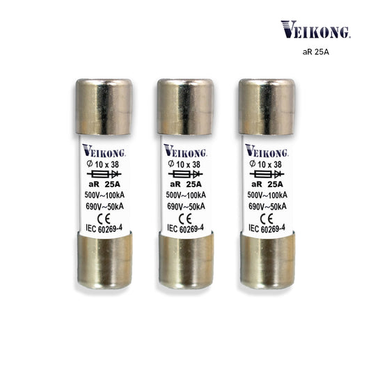 Juego de 3 fusibles cartucho cerámica Marca Veikong para seccionador RT18-32, 10x38 mm, acción rápida (aR), 500 VAC, 25 Amp, 100 kA, para variador: VFD500M-2R2GS2B, VFD500M-2R2GT2B, VFD500M-5R5GT4B, VFD500-5R5G/7R5PT4B, VFD500-4R0GT2B, VFD500-4R0GS2B