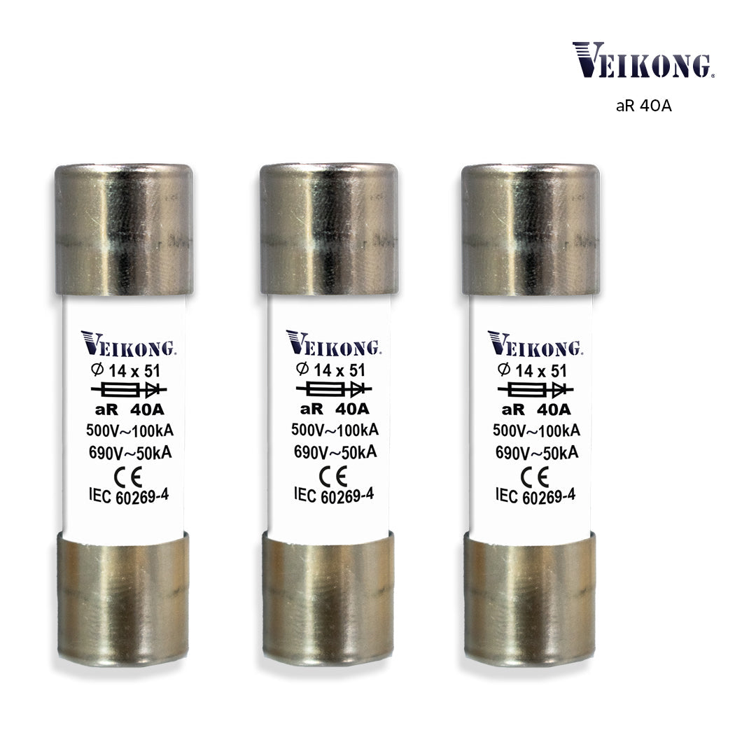 Juego de 3 Fusibles de cartucho de ceramica Marca Veikong  , para seccionador: RT18-63 , Tamaño 14x51mm , Acción Rapida (aR), 500VAC, 40Amp,  100kA, para variador: VFD500M-7R5GT4B  VFD500-7R5G/011PT4B  VFD500-011G/015PT4B  VFD500-5R5GT2B  VFD500-5R5GS2B