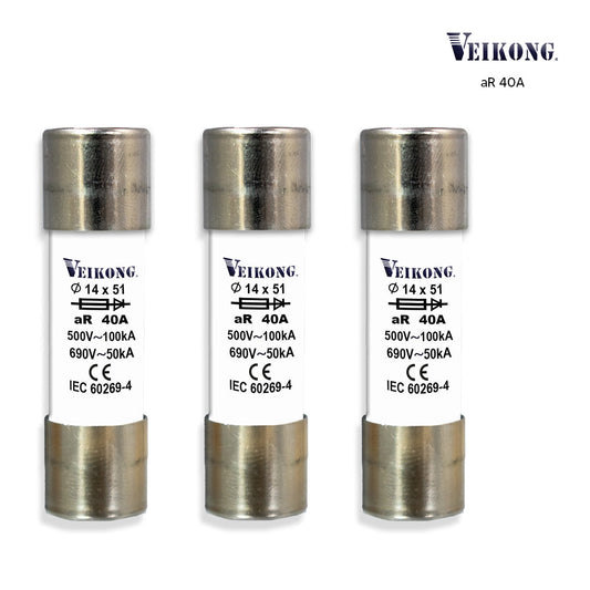 Juego de 3 Fusibles de cartucho de ceramica Marca Veikong  , para seccionador: RT18-63 , Tamaño 14x51mm , Acción Rapida (aR), 500VAC, 40Amp,  100kA, para variador: VFD500M-7R5GT4B  VFD500-7R5G/011PT4B  VFD500-011G/015PT4B  VFD500-5R5GT2B  VFD500-5R5GS2B