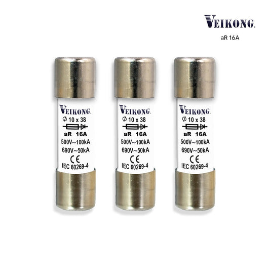 Juego de 3 Fusibles Marca Veikong cartucho cer. secc RT18-32, 10x38 mm, para seccionador RT18-32, acción rápida (aR), 500 VAC, 16 Amp, 100 kA, para variador: VFD500M-1R5GT4B, VFD500-1R5GT4B, VFD500-R75GT2B, VFD500-1R5GT2B, VFD500-R75GS2B, VFD500-1R5GS2B