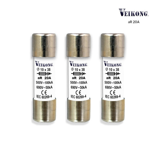 Juego de 3 Fusibles cartucho cerámica Marca Veikong, sec RT18-32, 10x38 mm, acción rápida (aR), 500 VAC, 20 Amp, 100 kA, para variador: VFD500M-1R5GS2B, VFD500M-1R5GT2B, VFD500M-2R2GT4B, VFD500M-4R0GT4B, VFD500-2R2GT4B, VFD500-4R0G/5R5PT4B, VFD500-2R2GS2B